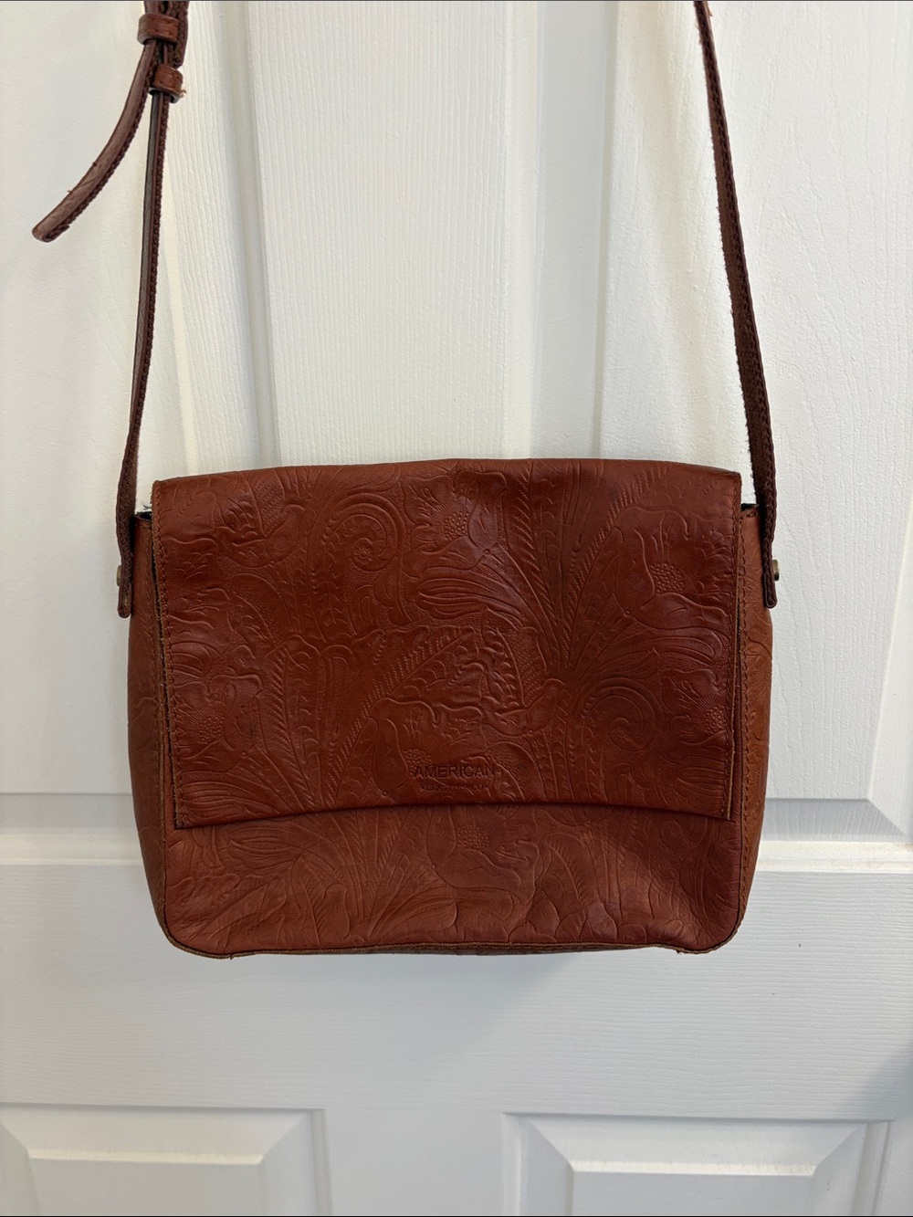 Embossed Leather Flap Crossbody Bag - Brown